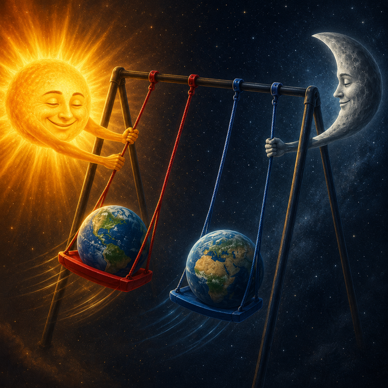 The Sun and Moon pulling two playground swings with Earth sitting on each swing.